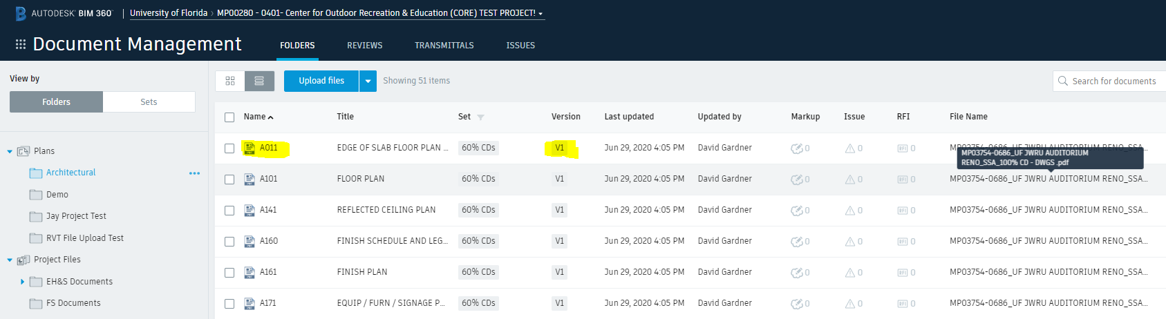 Screen-shot of list of sheet numbers, with sheet A011 V1 (version 1) highlighted.