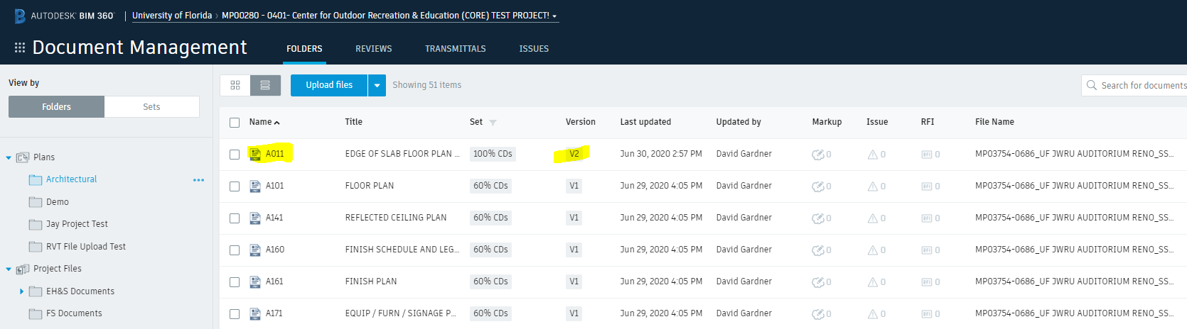 Screen-shot of list of sheet numbers, with sheet A011 V2 (version 2) highlighted.