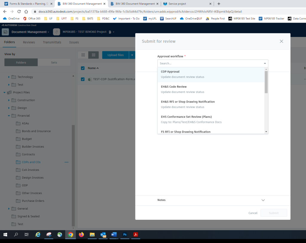 Screen-shot of COP Approval option in workflow drop-down list