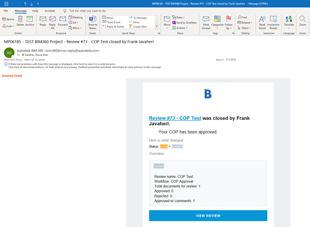 Screen-shot of COP Approval email from BIM 360 system