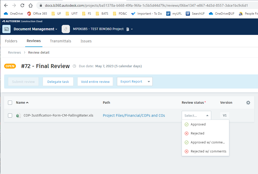 Screen-shot of BIM 360 "Final Review" page