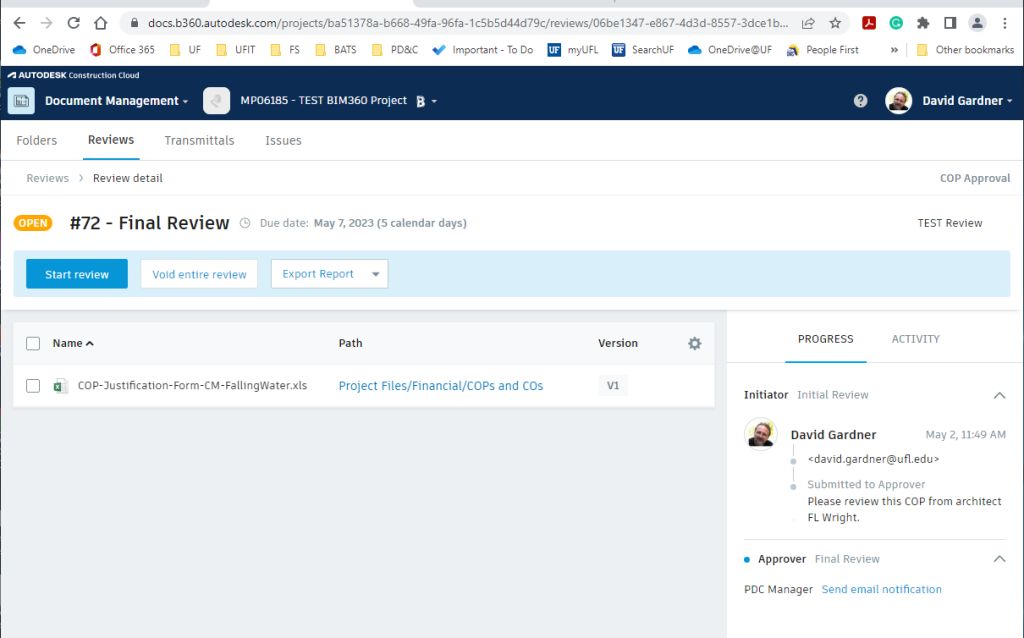 Screen-shot of BIM 360 Start Review page