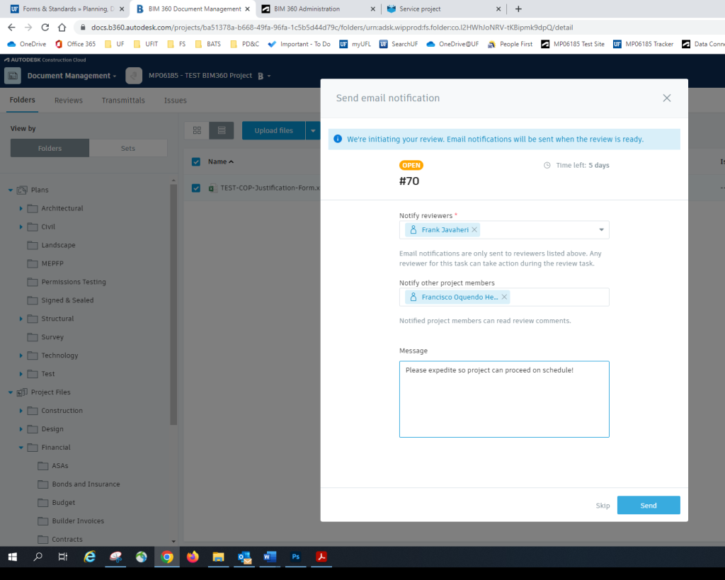 Screen-shot of BIM 360 review notification modal with Frank Javaheri as the reviewer.