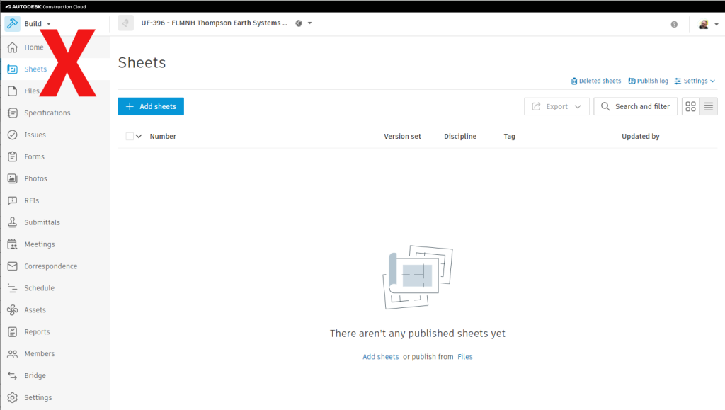 Screen shot of Build module with Sheets with a big red X