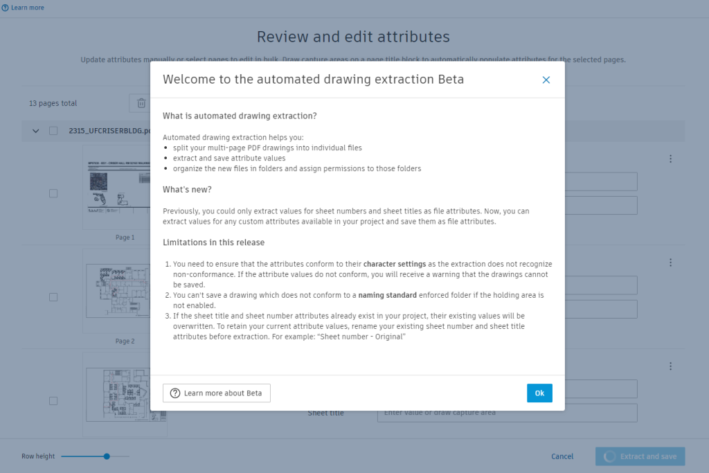 Drawing extraction Beta message