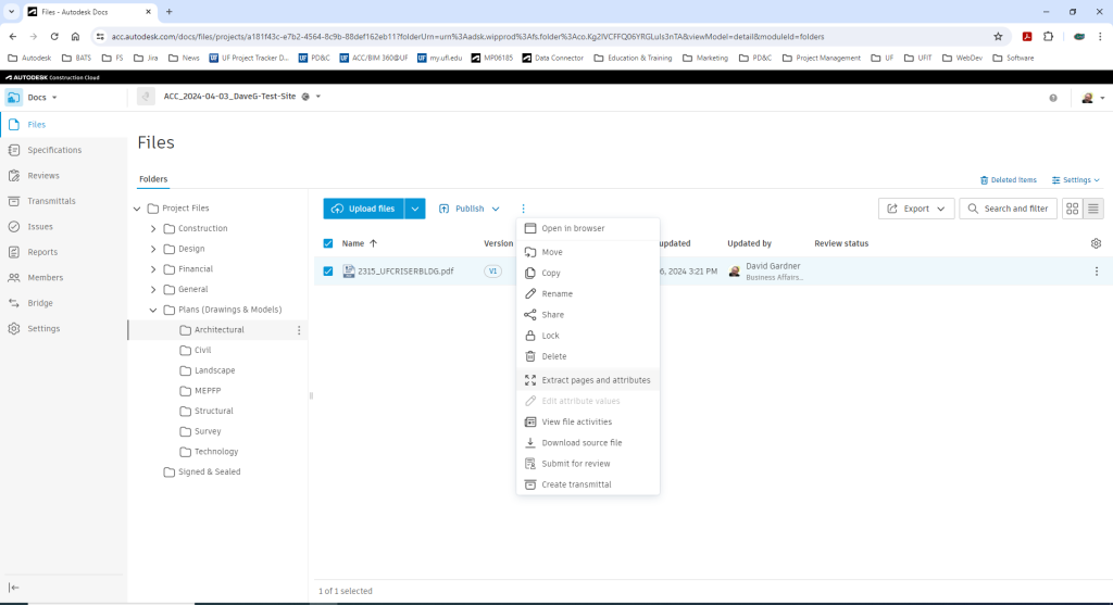 Screen shot of "Extract pages and attributes" link